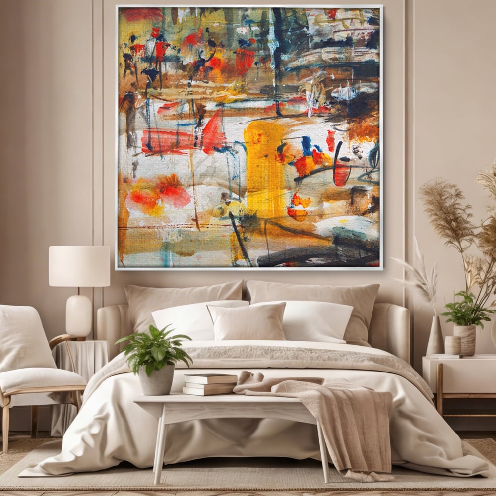 Tablou canvas cu tablou abstract cu pete rosii si galbene, in rama de aluminiu argintiu, pe perete intr-un dormitor